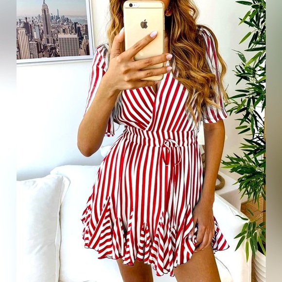 MINI DRESS: Yellow & White V Neck Striped Mini Dress w/Wrap & Ruffle Hem, NWOT - Picture 13 of 16